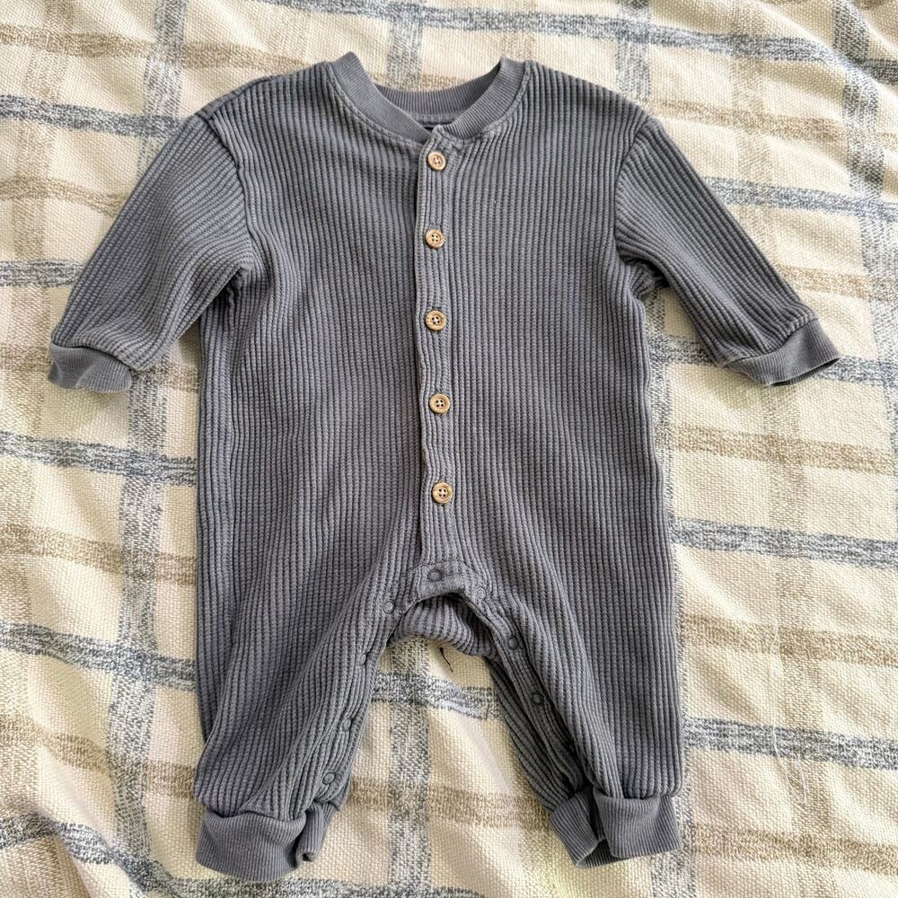 Grayson Mini Gray Waffle Knit Slouchy Button Up RomperOutfit Baby Boy 6-9 Months